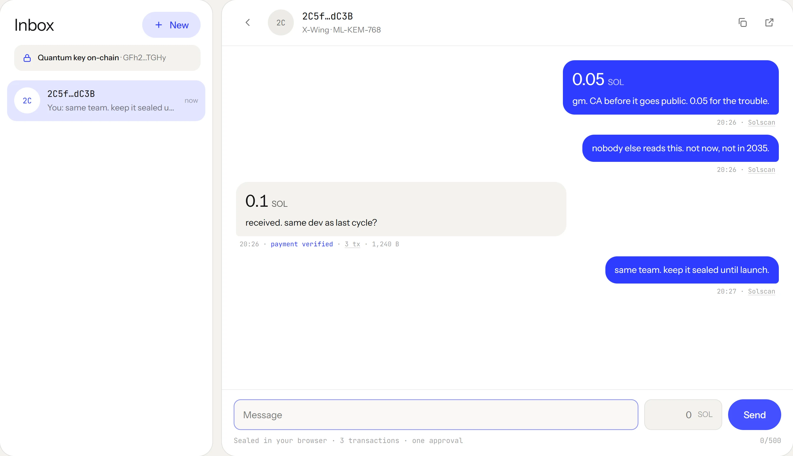 The qwire inbox: a sealed conversation with 0.05 and 0.1 SOL attached, payment verified on-chain.
